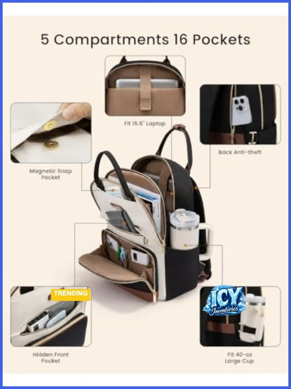 27L Laptop Backpack with Water Bottle Pockets, Waterproof Travel Backpack for